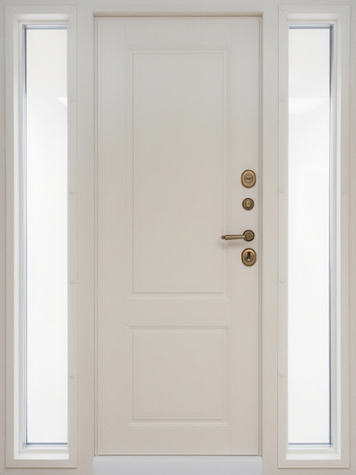 Входная термодверь со стеклами по бокам, металлобагетом и карнизом (порошковая покраска и МДФ)