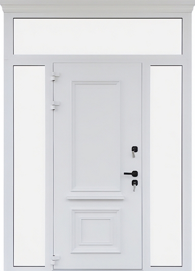 Остекленная входная группа с терморазрывом, карнизом и металлобагетом (белая порошковая покраска)