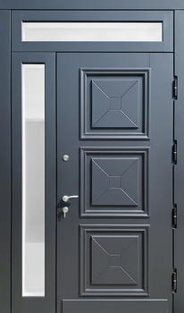 Входная термодверь с остеклением сбоку и сверху и панелями МДФ с багетом серого цвета