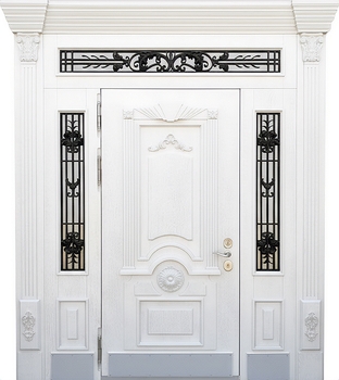 Входная парадная группа с терморазрывом, капителями, ковкой, стеклом и отбойниками (белый МДФ с резьбой)