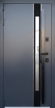 Входная термодверь с узким стеклом, бугельной ручкой и серой полимерной покраской