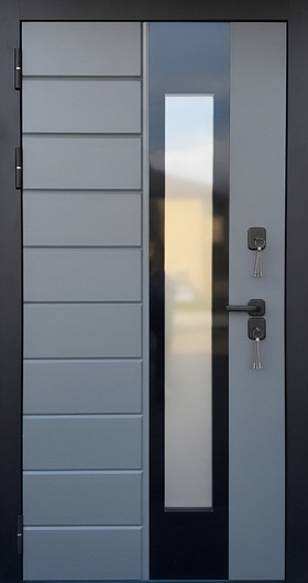 Стальная термодверь с удлиненным стеклом, панелями МДФ серого и белого цвета Стальная термодверь с удлиненным стеклом, панелями МДФ серого и белого цвета