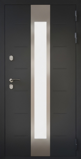 Стальная черная дверь с терморазрывом, длинным стеклом и выдавленным рисунком Стальная черная дверь с терморазрывом, длинным стеклом и выдавленным рисунком